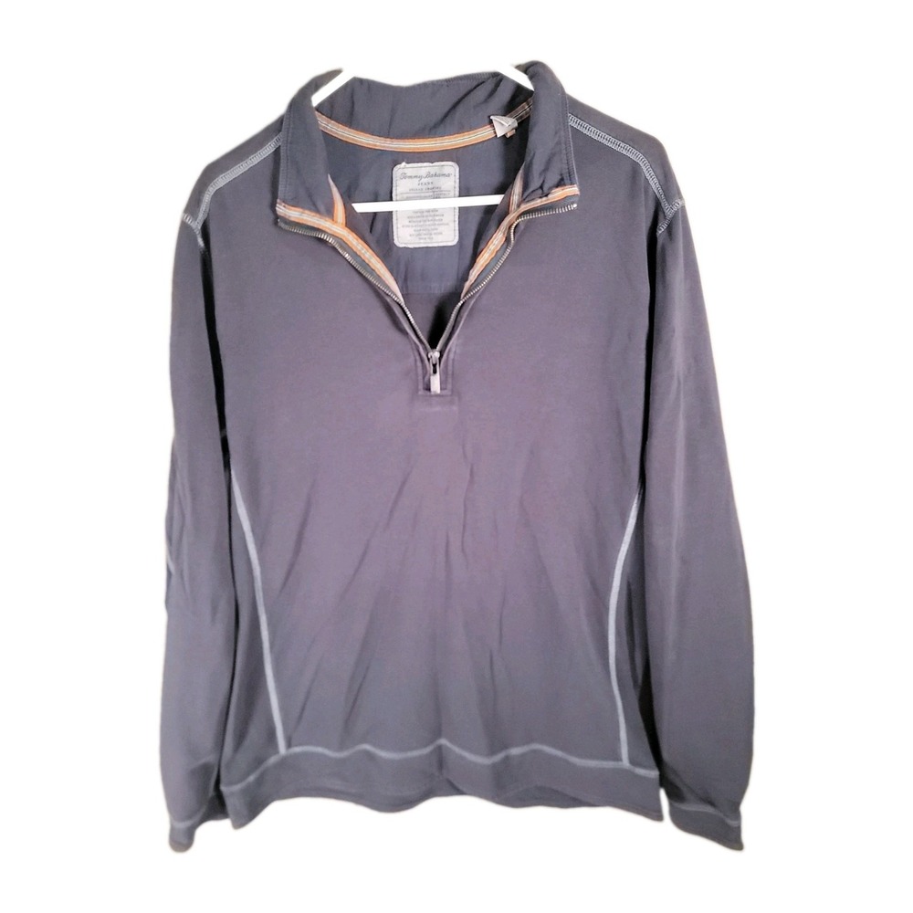 Tommy Bahama Jeans Pullover Sweatshirt Mens L 1/4 Zip Navy Blue Contrast Stitch